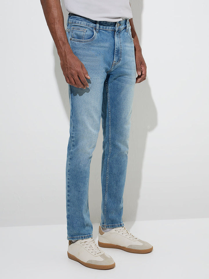WES Casuals Blue Washed Slim-Fit Mid-Rise Jeans