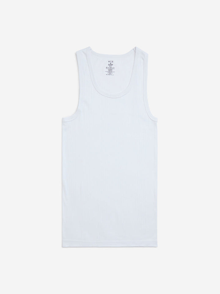 WES Lounge White Self-Textured Cotton Vests - Pack of 2