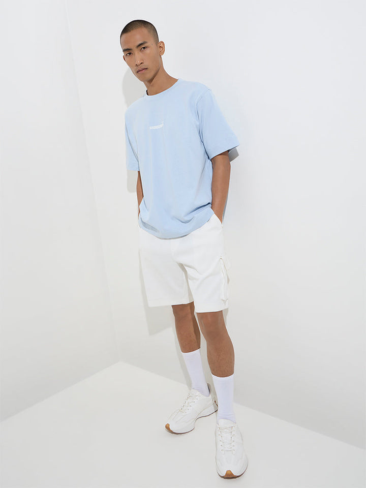 Studiofit Light Blue Text Design Relaxed-Fit Cotton T-Shirt