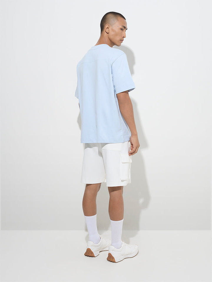 Studiofit Light Blue Text Design Relaxed-Fit Cotton T-Shirt