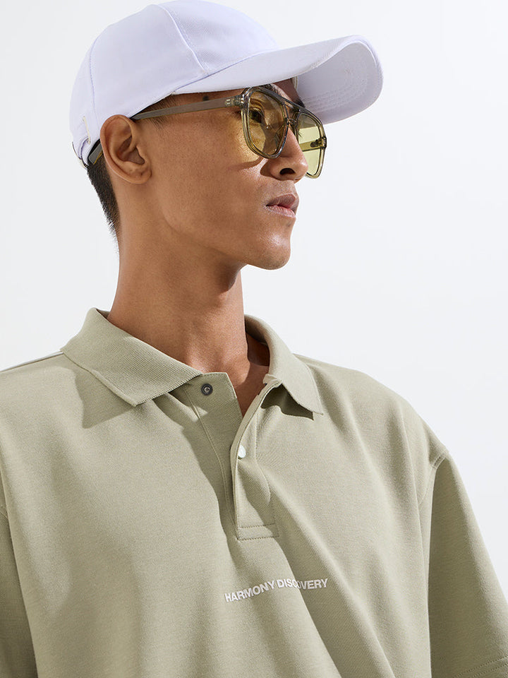 Studiofit Sage Text Design Relaxed-Fit Cotton-Blend Polo T-Shirt