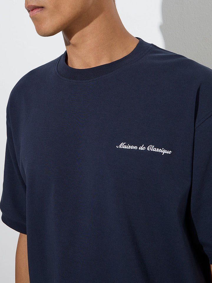 Studiofit Navy Text Printed Relaxed-Fit Cotton-Blend T-Shirt