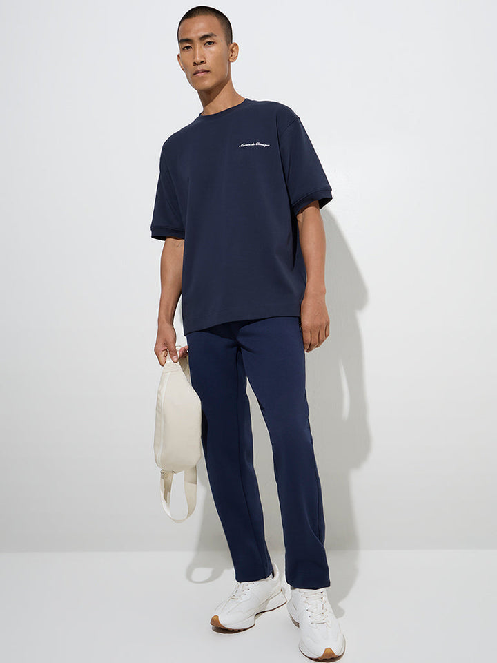 Studiofit Navy Text Printed Relaxed-Fit Cotton-Blend T-Shirt