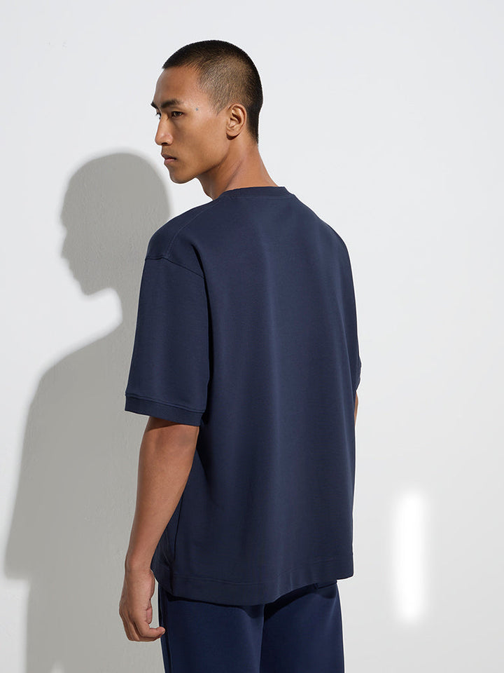 Studiofit Navy Text Printed Relaxed-Fit Cotton-Blend T-Shirt