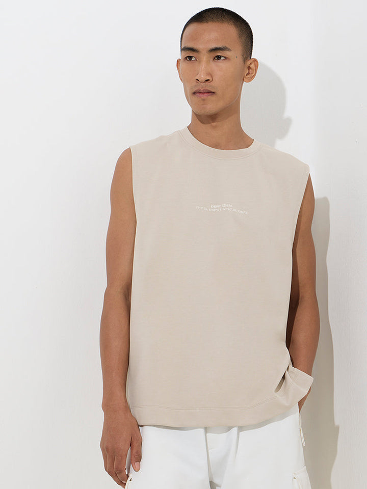 Studiofit Beige Text Print Relaxed-Fit Cotton-Blend T-Shirt