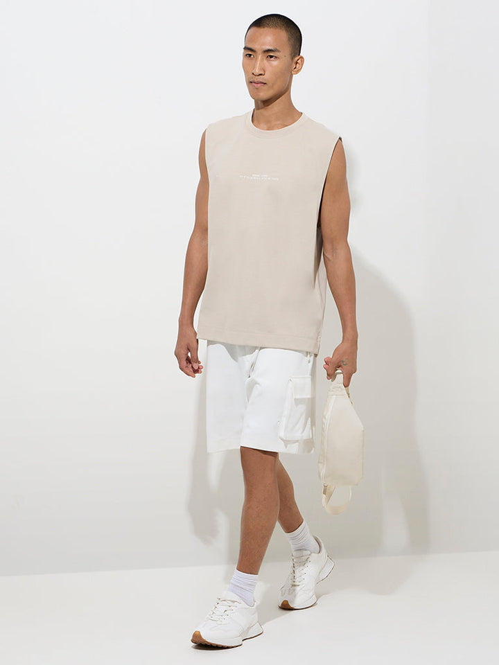 Studiofit Beige Text Print Relaxed-Fit Cotton-Blend T-Shirt