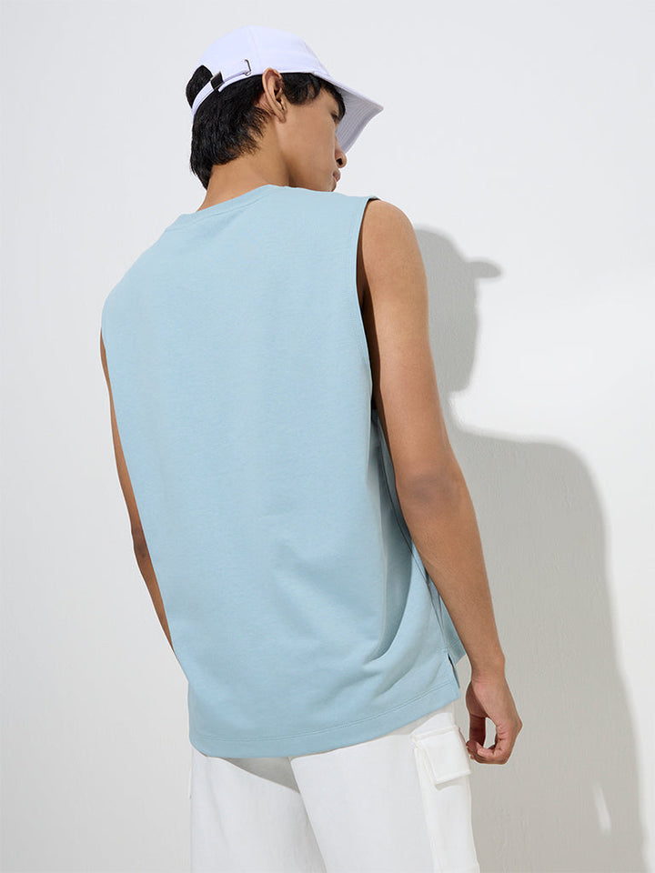 Studiofit Blue Text-Print Relaxed-Fit Cotton-Blend T-Shirt