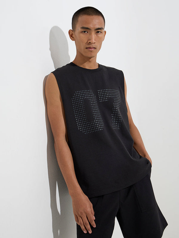 Studiofit Black Numerical Design Relaxed-Fit Cotton-Blend T-Shirt