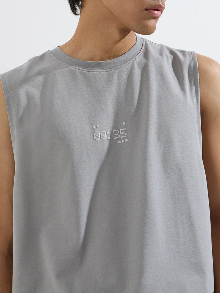 Studiofit Light Grey Printed Relaxed-Fit T-Shirt