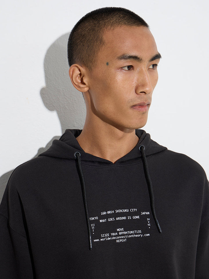 Studiofit Black Text Print Relaxed-Fit Cotton-Blend Hoodie