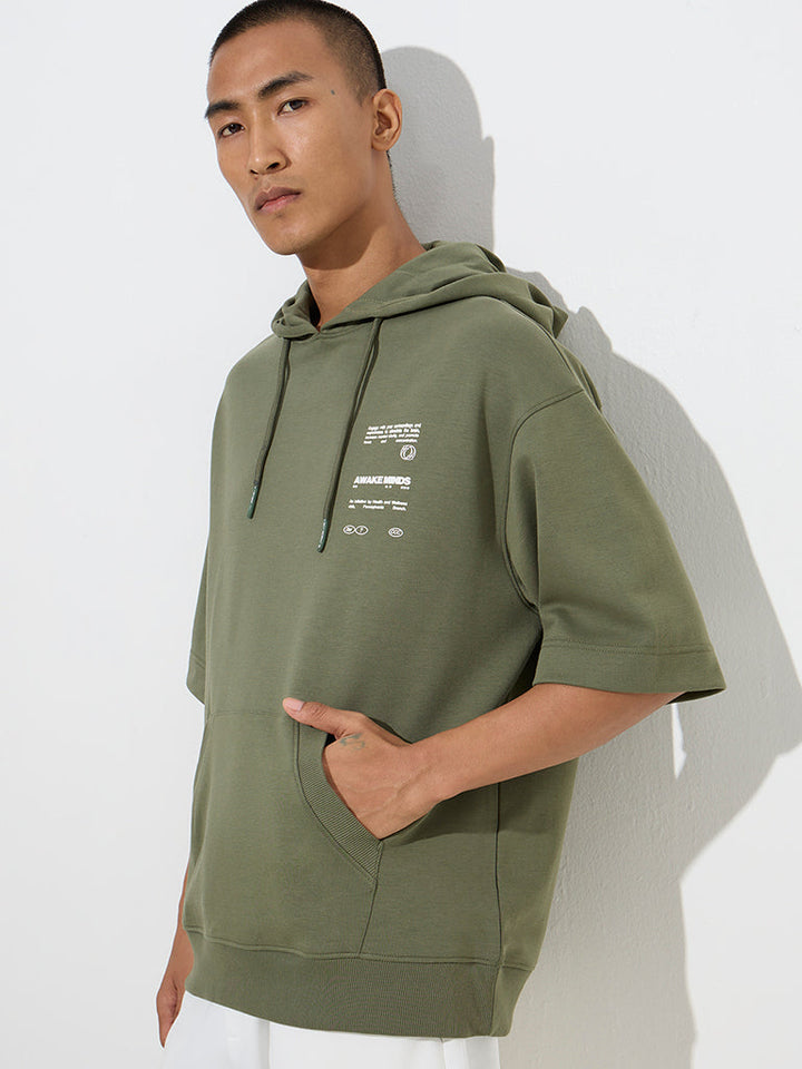 Studiofit Olive Text Design Relaxed-Fit Cotton-Blend Hoodie