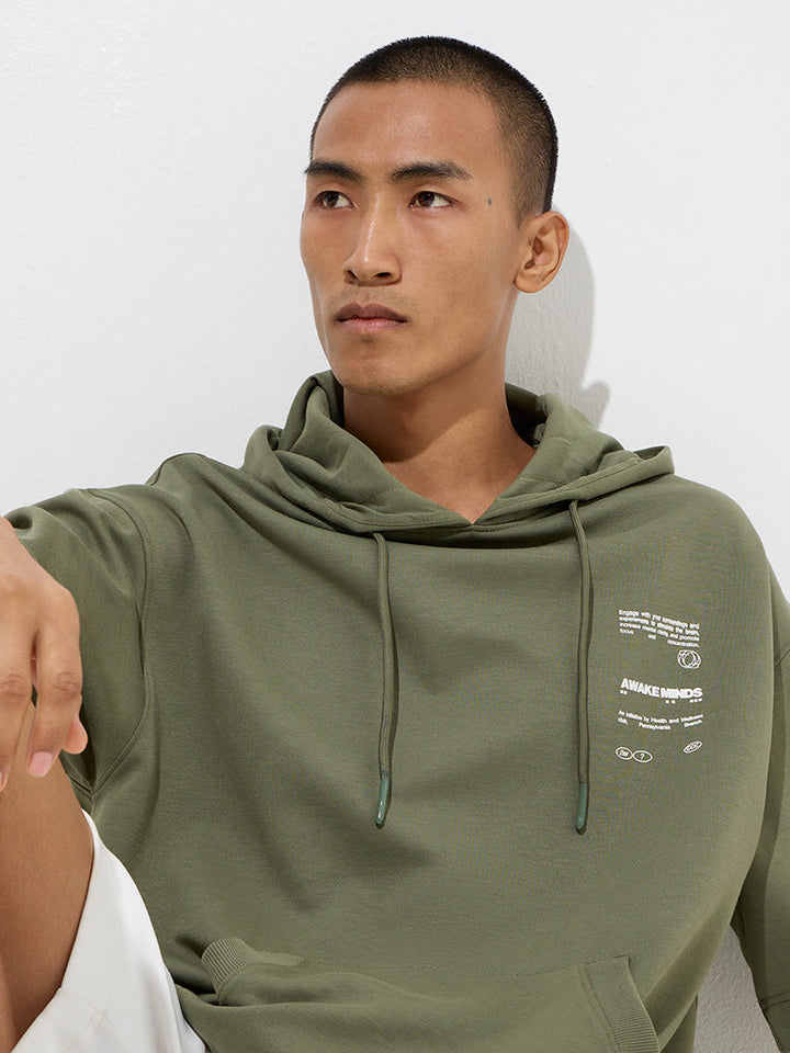 Studiofit Olive Text Design Relaxed-Fit Cotton-Blend Hoodie