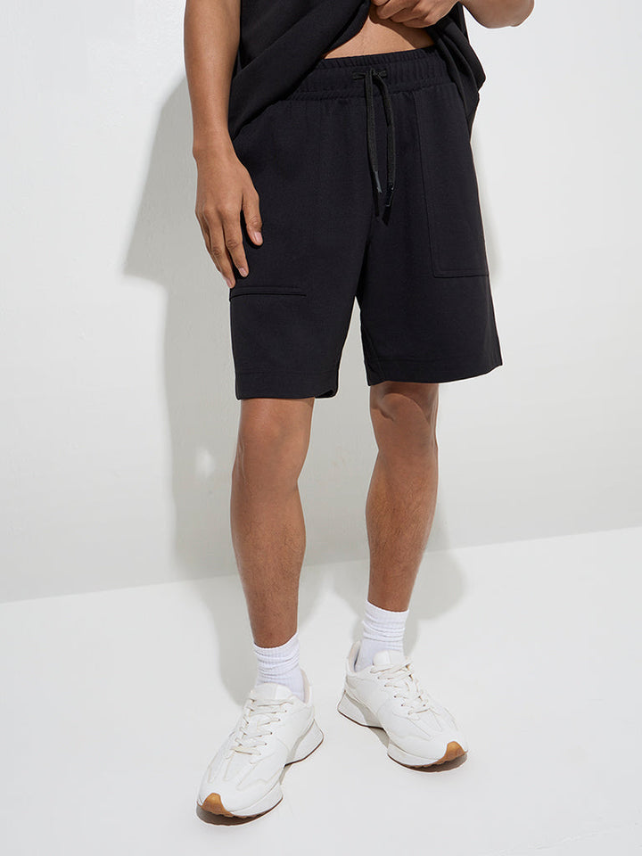 Studiofit Black Solid Relaxed-Fit Mid-Rise Shorts