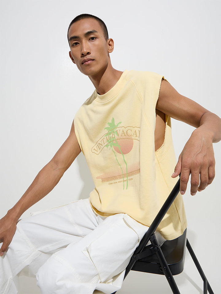 Nuon Yellow Text Printed Relaxed-Fit Cotton T-Shirt