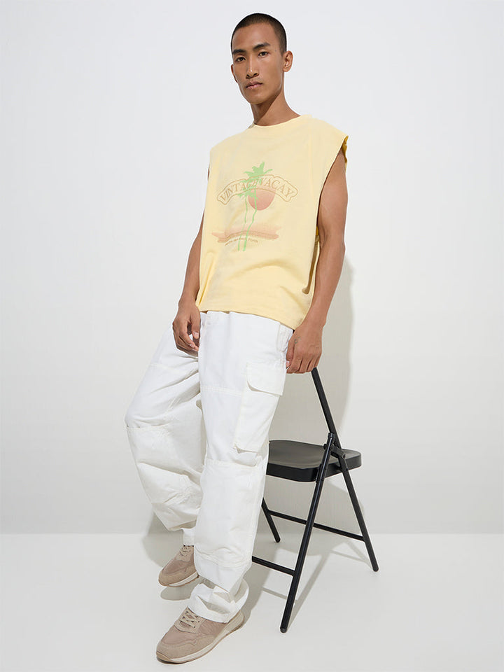Nuon Yellow Text Printed Relaxed-Fit Cotton T-Shirt