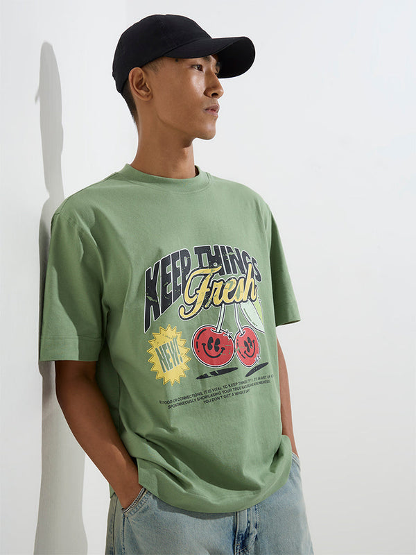 Nuon Sage Text Design Relaxed-Fit Cotton T-Shirt