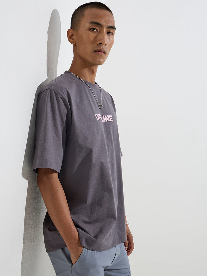 Nuon Grey Text Printed Relaxed fit Cotton T-Shirt