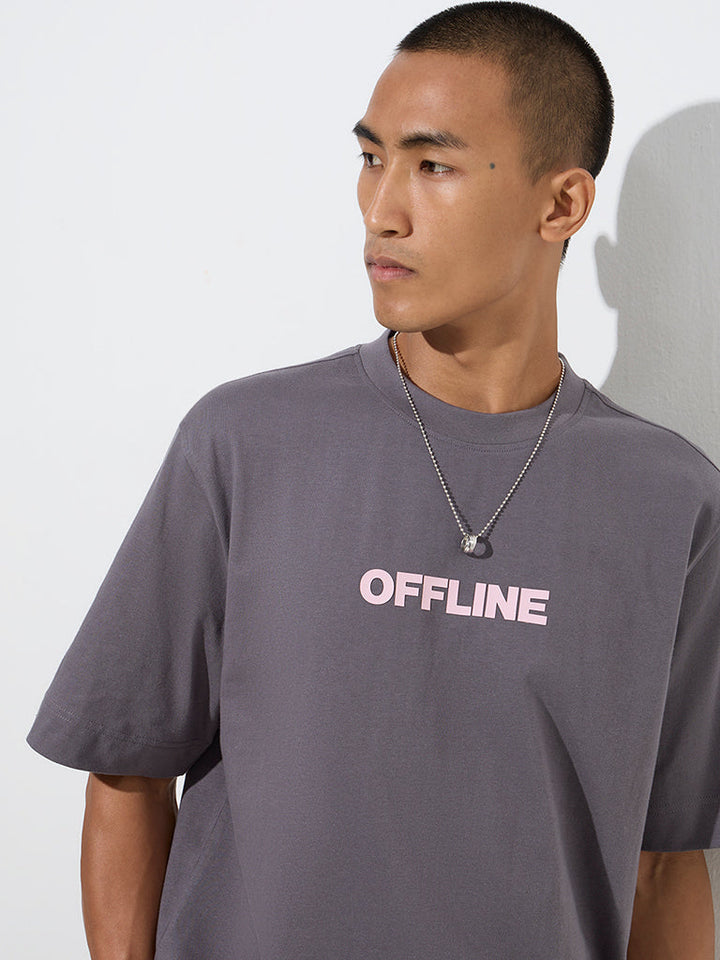 Nuon Grey Text Printed Relaxed fit Cotton T-Shirt