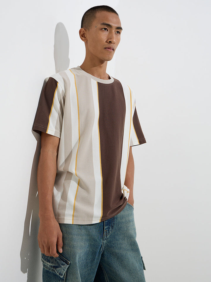 Nuon Brown Colour-Blocked Relaxed-Fit Cotton-Blend T-Shirt