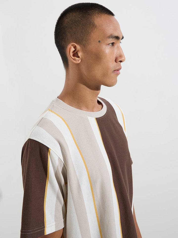 Nuon Brown Colour-Blocked Relaxed-Fit Cotton-Blend T-Shirt