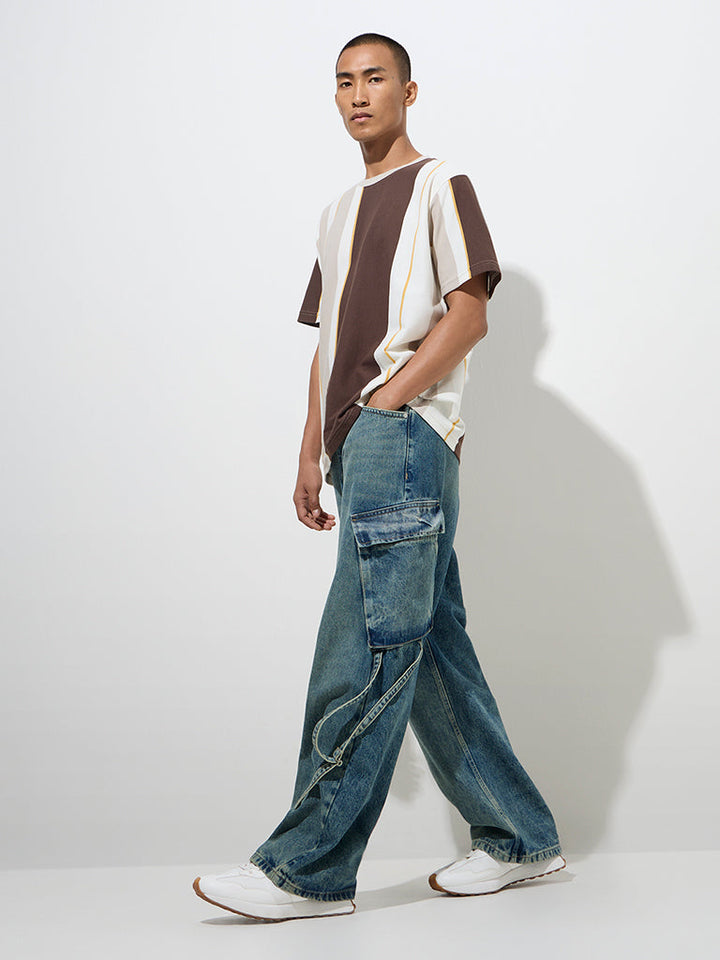 Nuon Brown Colour-Blocked Relaxed-Fit Cotton-Blend T-Shirt