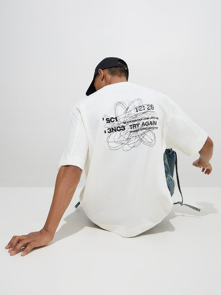 Nuon White Text Printed Relaxed-Fit Cotton T-Shirt