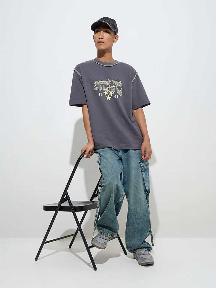 Nuon Dark Grey Typographic Print Relaxed-Fit Cotton T-Shirt