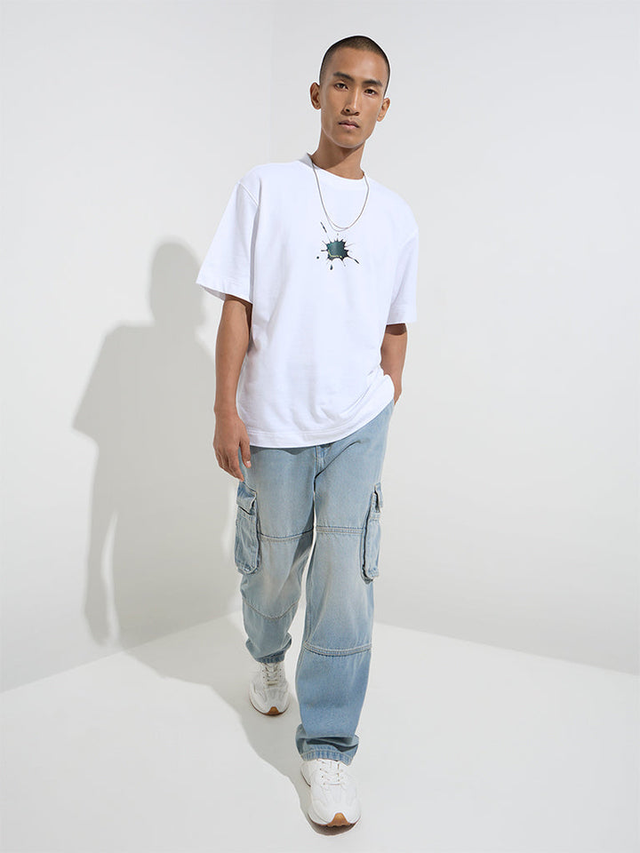 Nuon White Text Printed Relaxed-Fit Cotton T-Shirt