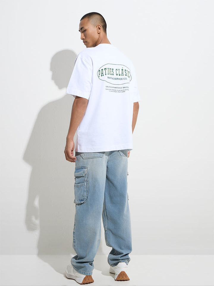 Nuon White Text Printed Relaxed-Fit Cotton T-Shirt