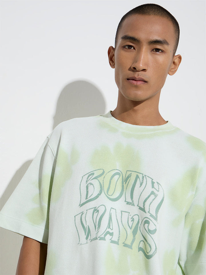 Nuon Light Green Text-Printed Relaxed-Fit Cotton T-Shirt