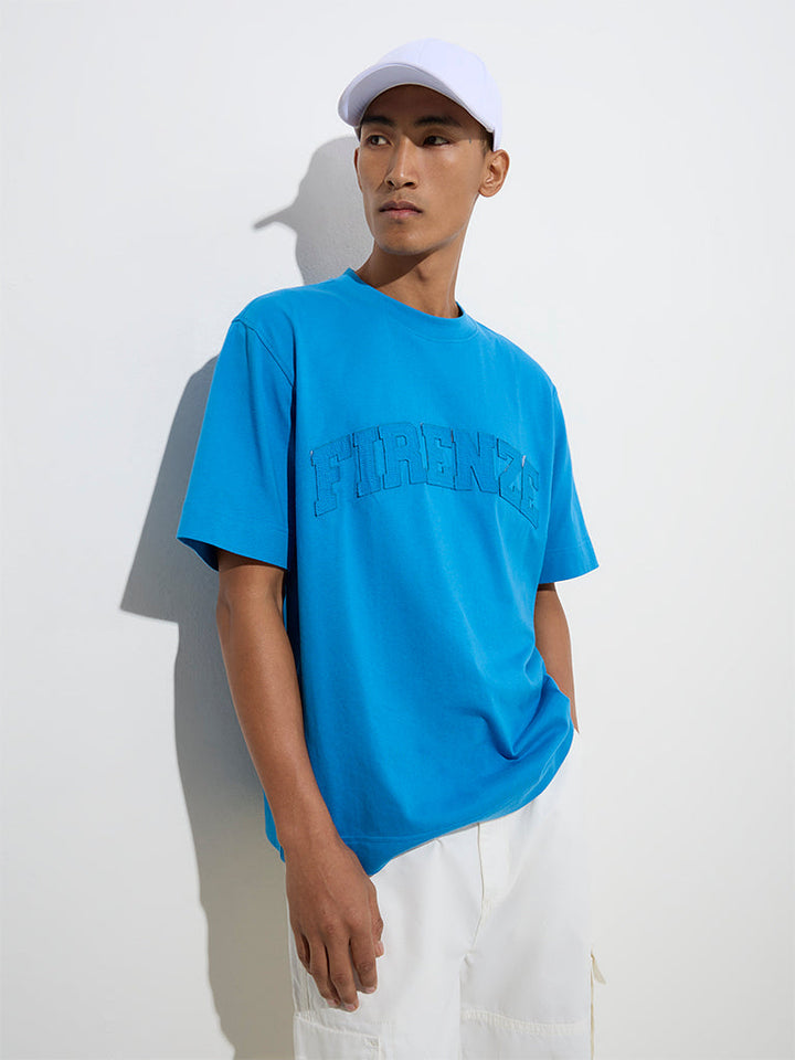 Nuon Blue Text Design Relaxed-Fit Cotton T-Shirt