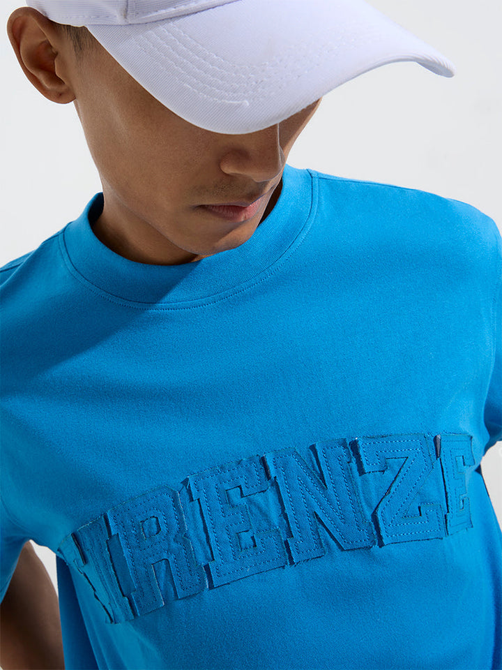 Nuon Blue Text Design Relaxed-Fit Cotton T-Shirt