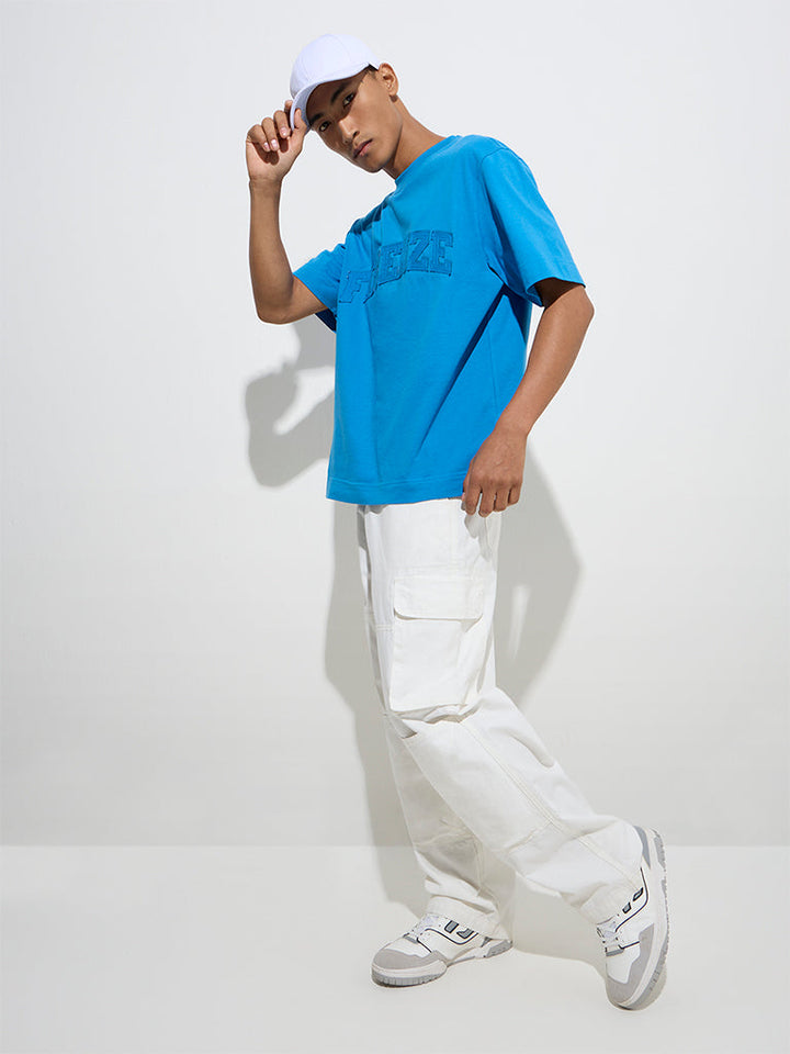 Nuon Blue Text Design Relaxed-Fit Cotton T-Shirt