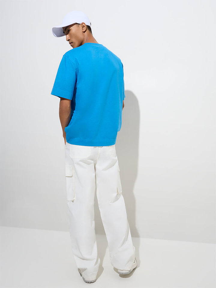 Nuon Blue Text Design Relaxed-Fit Cotton T-Shirt