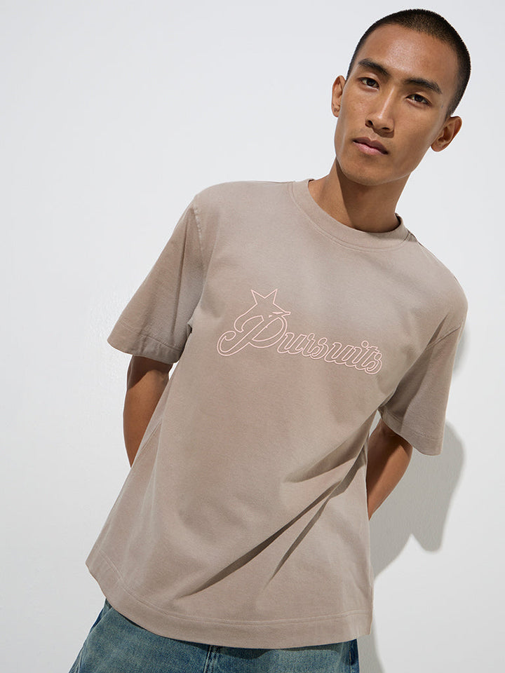 Nuon Taupe Text Design Relaxed-Fit Cotton T-Shirt