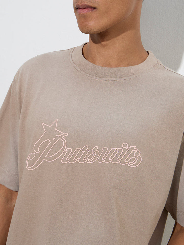 Nuon Taupe Text Design Relaxed-Fit Cotton T-Shirt