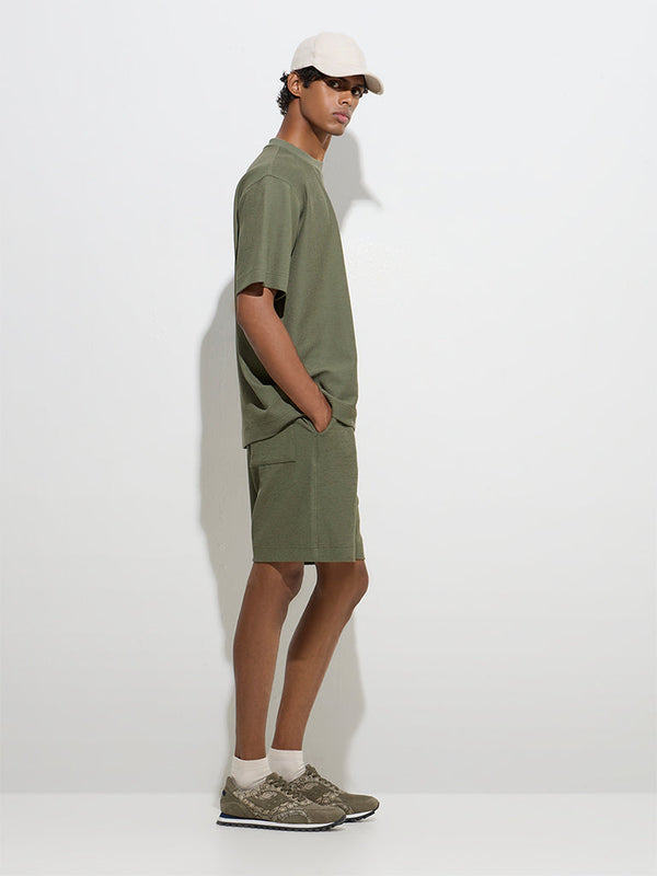 Studiofit Olive Self-Striped Relaxed-Fit Mid-Rise Shorts
