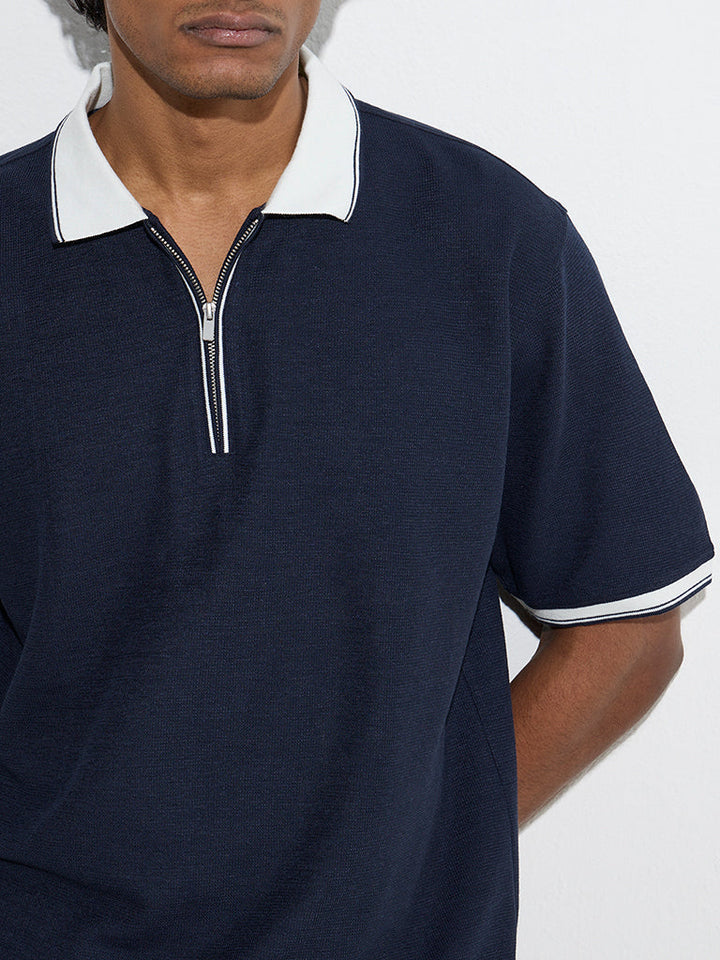 WES Casuals Navy Quarter Zip Polo T-Shirt