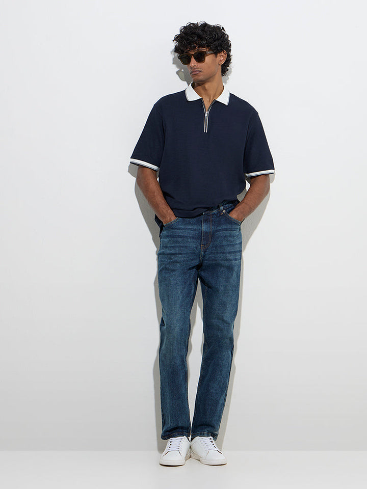 WES Casuals Navy Quarter Zip Polo T-Shirt