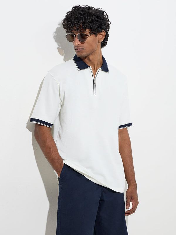 WES Casuals White Quarter Zip Polo T-Shirt
