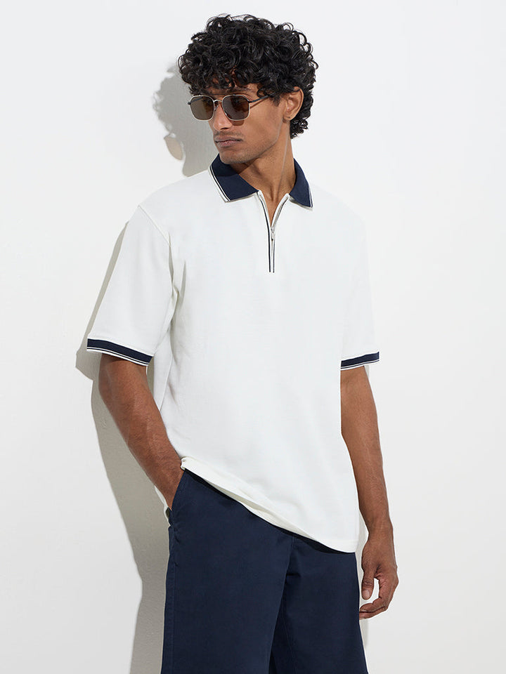 WES Casuals White Quarter Zip Polo T-Shirt