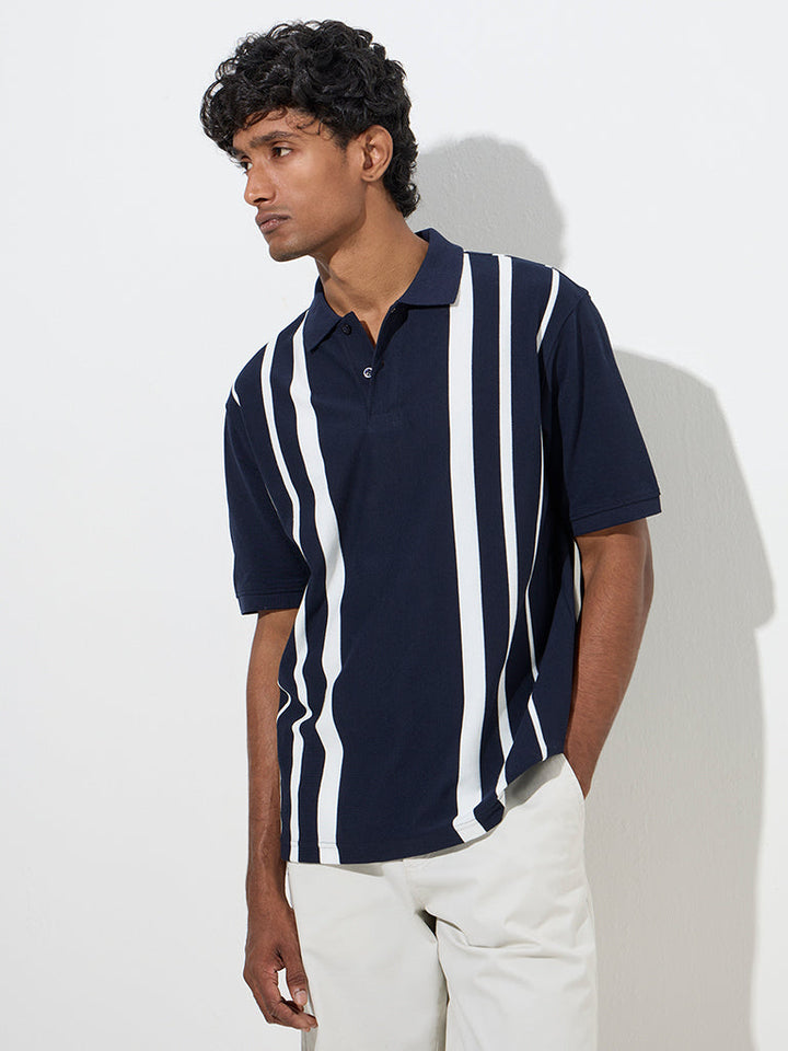 WES Casuals Navy Relaxed-Fit Cotton-Blend Polo T-Shirt