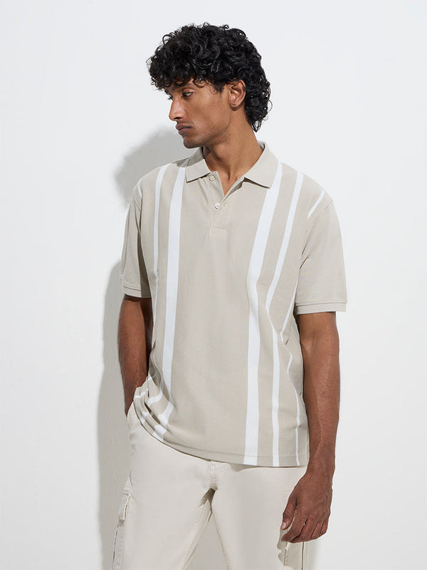 WES Casuals Taupe Relaxed-Fit Cotton-Blend Polo T-Shirt