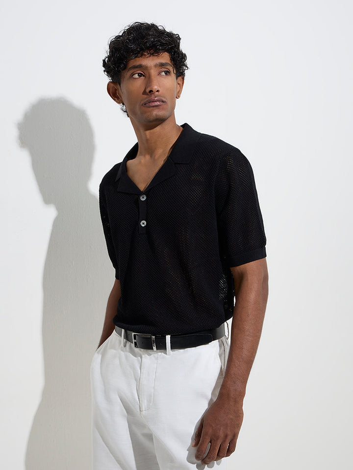 Ascot Black Knit-Textured Relaxed-Fit T-Shirt