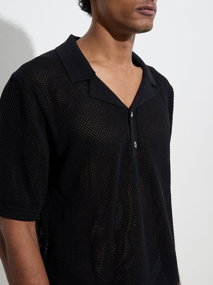 Ascot Black Knit-Textured Relaxed-Fit T-Shirt