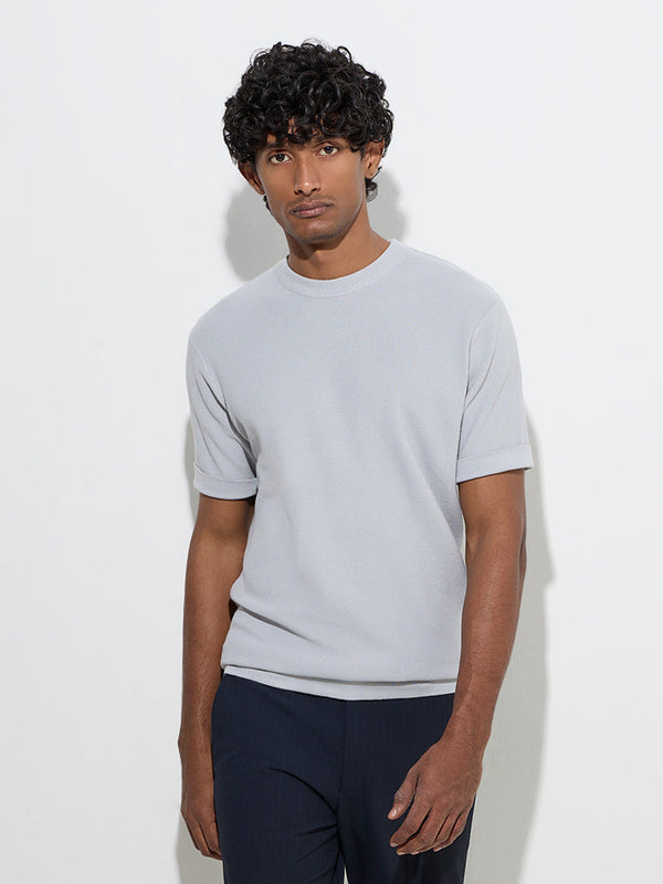 WES Formals Grey Knitted Slim-Fit T-Shirt