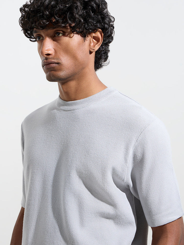 WES Formals Grey Knitted Slim-Fit T-Shirt