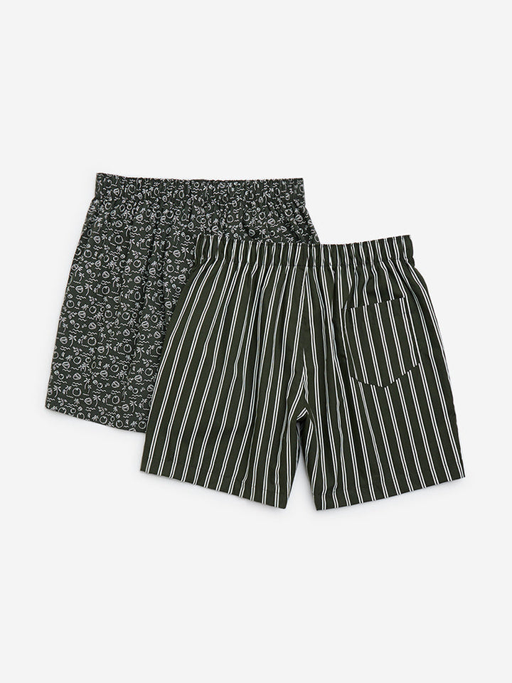 WES Lounge Olive Relaxed-Fit Cotton Boxers- Pack of 2