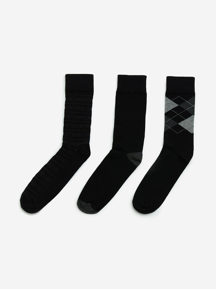 WES Lounge Black Printed Cotton-Blend Socks - Pack of 3
