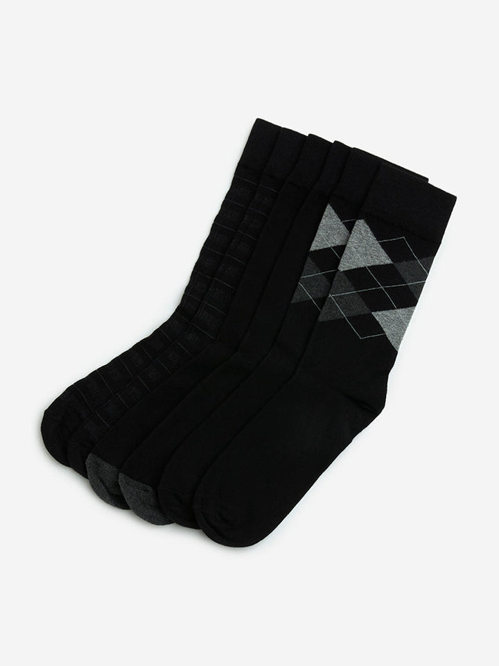 WES Lounge Black Printed Cotton-Blend Socks - Pack of 3
